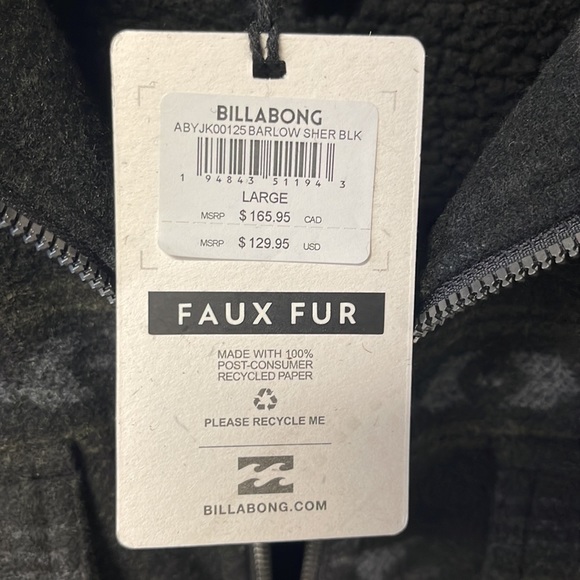 NWT Mens Billabong Large Faux Fur Jacket - Picture 4 of 4